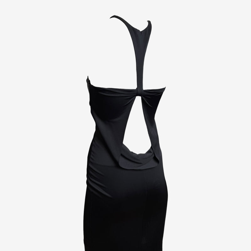 Black jersey halter gown by Gucci, full length back view with floor-length hem