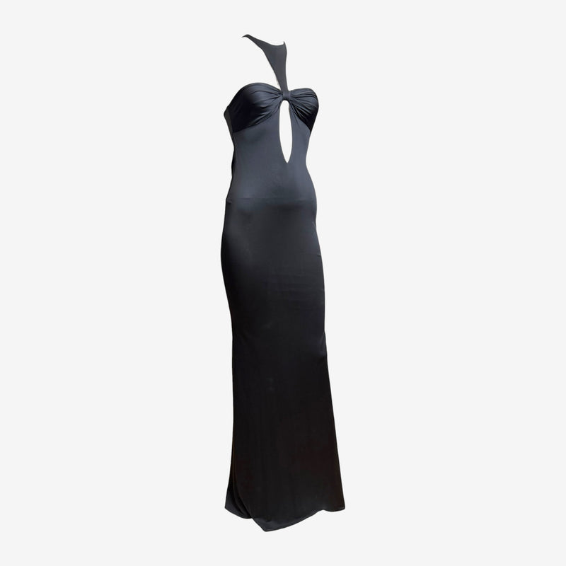 Black jersey halter gown by Gucci, front view showing twisted straps and cutout