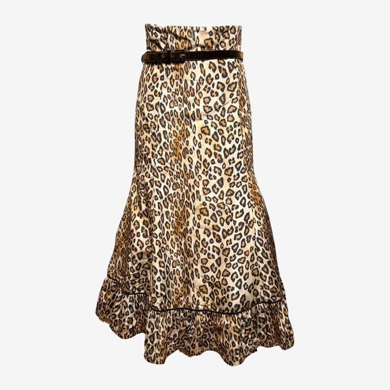 Brown leopard print silk mermaid skirt by Alexander McQueen, tiered ruffle hem detail