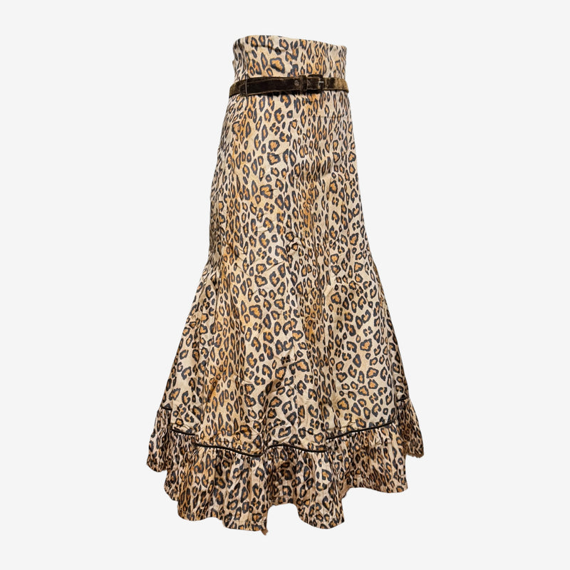 Brown leopard silk skirt by Alexander McQueen, fitted waist with brown fur belt