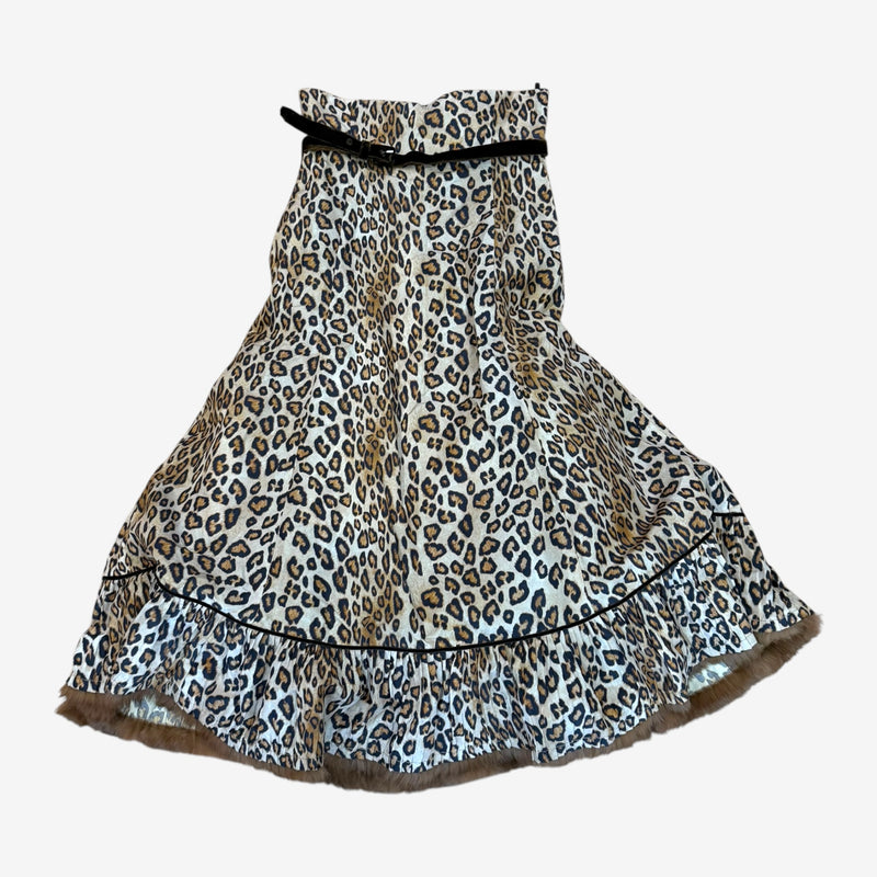 Leopard print silk skirt by Alexander McQueen, brown fur waist belt detail