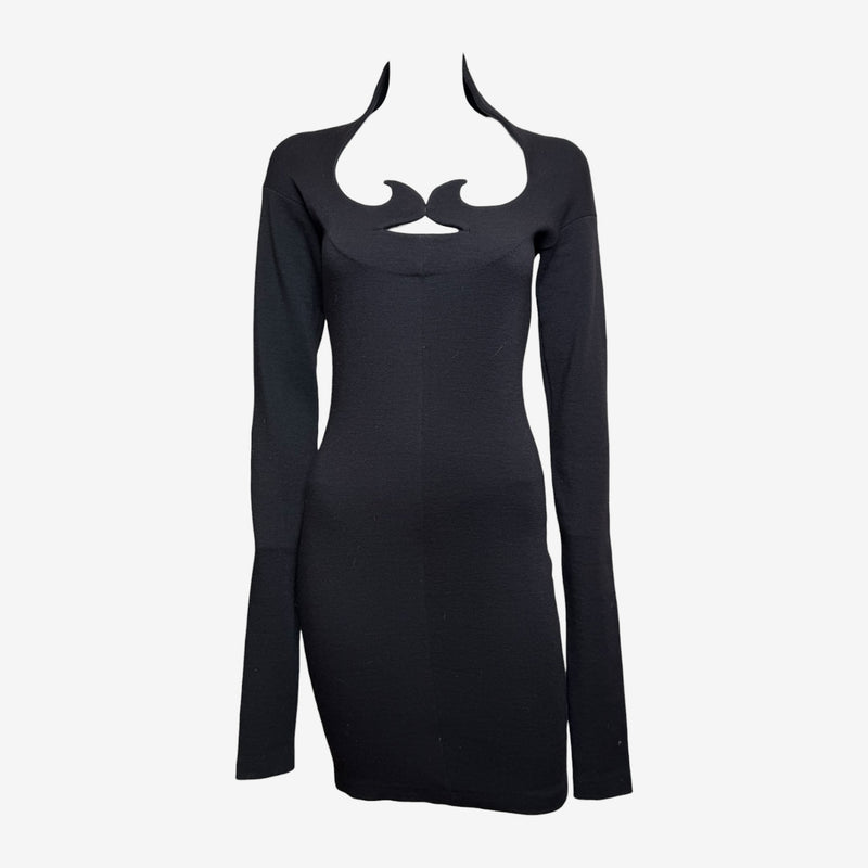 Black wool jersey cutout dress by Romeo Gigli, front view showing curved bust cutout detail