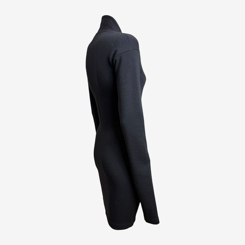 Black wool jersey cutout dress by Romeo Gigli, detail of architectural bust cutout