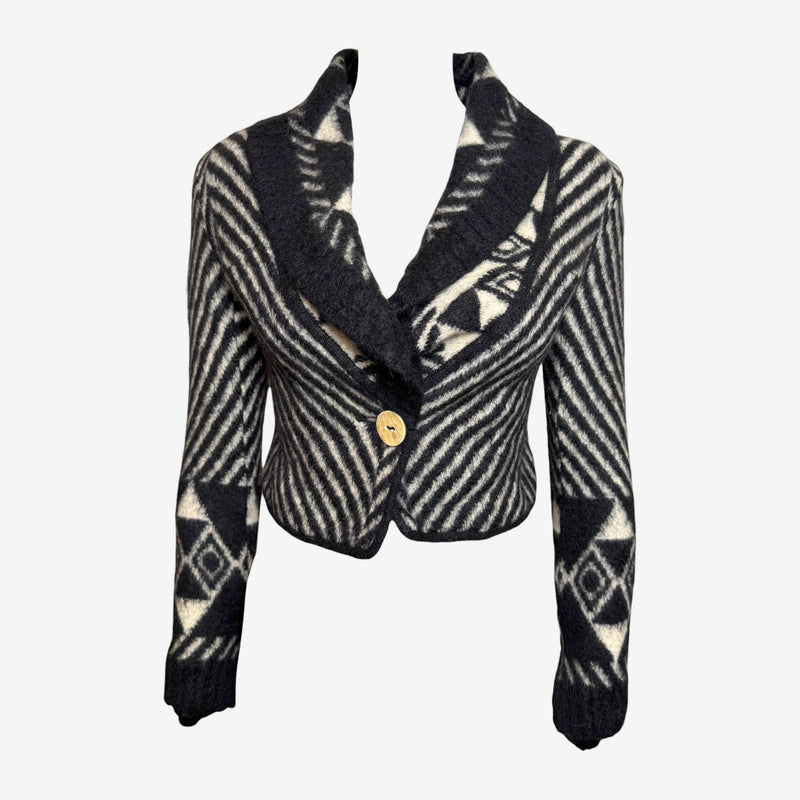 Charcoal and cream mohair chevron cropped blazer by John Galliano, front view with geometric tribal motifs