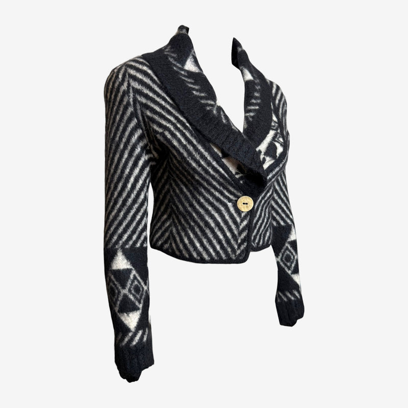 Charcoal and cream chevron cropped blazer by John Galliano, detail of wooden button closure