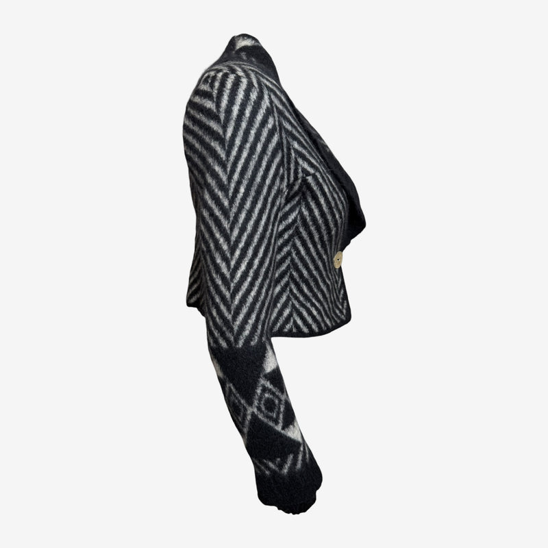 Charcoal and cream mohair chevron blazer by John Galliano, rear view with tribal-inspired collar detail