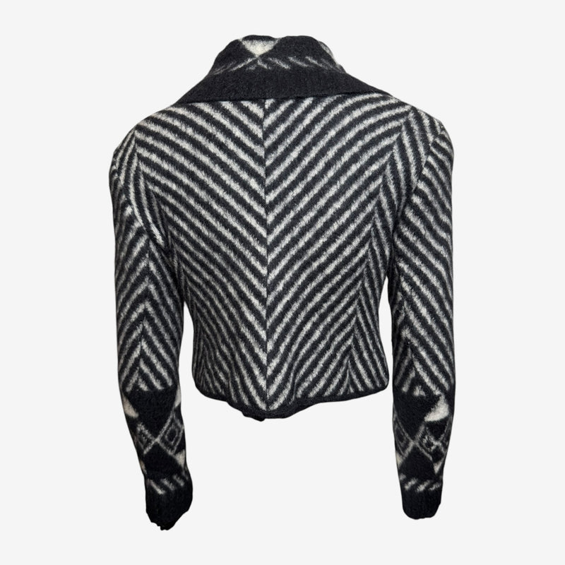 John Galliano cropped blazer, close-up of geometric chevron and tribal motif pattern