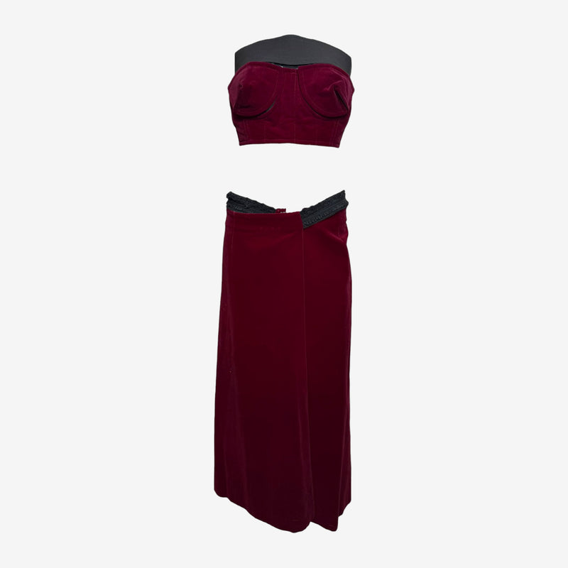 Burgundy velvet strapless bustier by Comme des Garçons, architectural cup construction with black trim