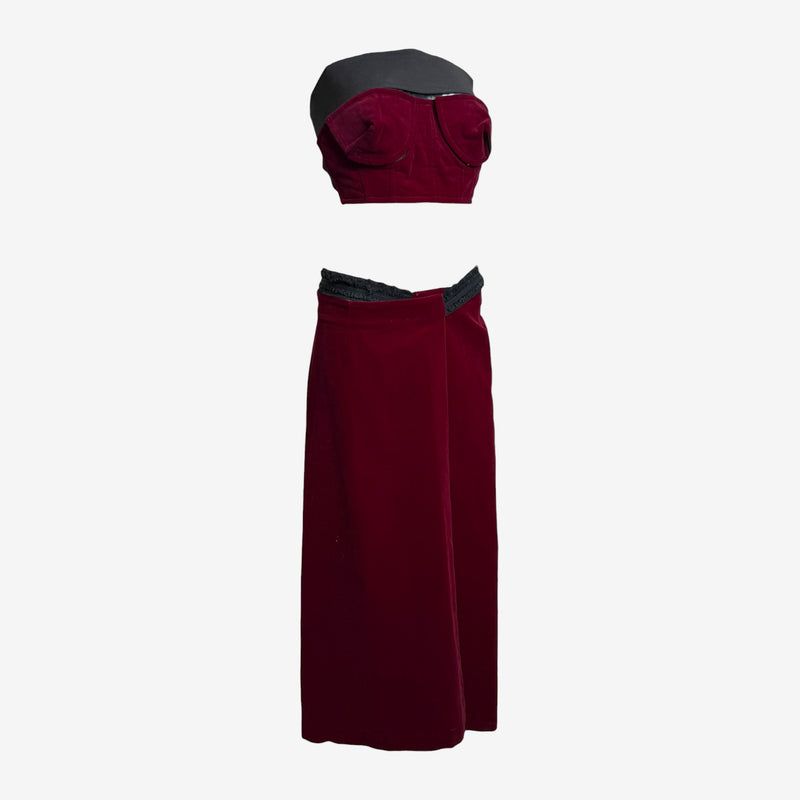 Burgundy cotton velvet wrap skirt by Comme des Garçons with black mesh waistband trim