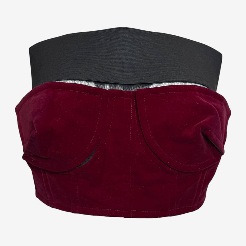 Burgundy velvet bustier with integrated black mesh panels and structured bust detail