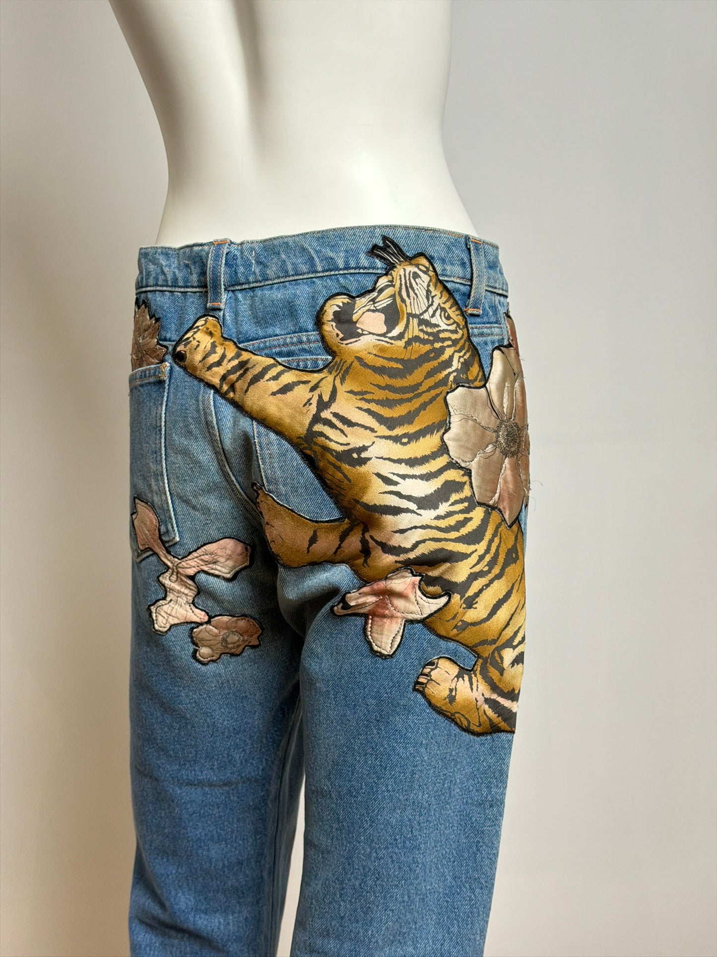 Chloé by Phoebe Philo F/W 2003 Tiger and flowers Collage Appliqué Denim Jeans