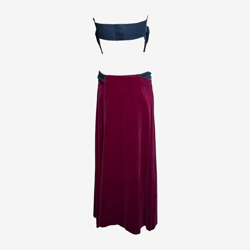 Burgundy velvet bustier set side seam detail with black mesh integration