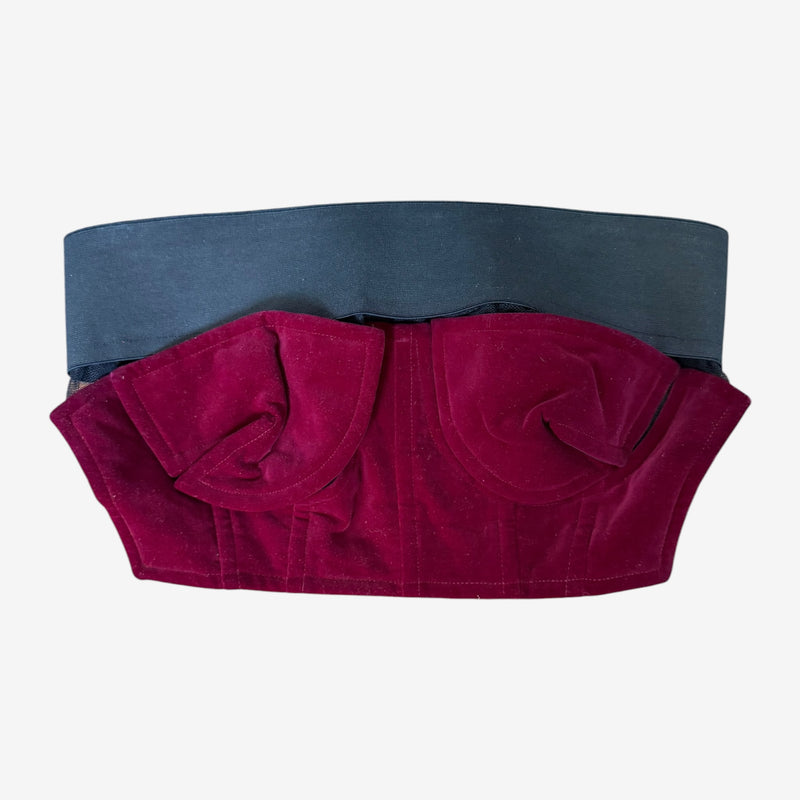 Wrap skirt from Comme des Garçons F/W 2001 in burgundy velvet with mesh waistband