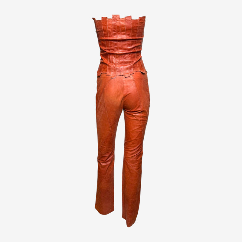 Plein Sud S/S 2003 two-piece leather ensemble showing bustier and matching pants detail