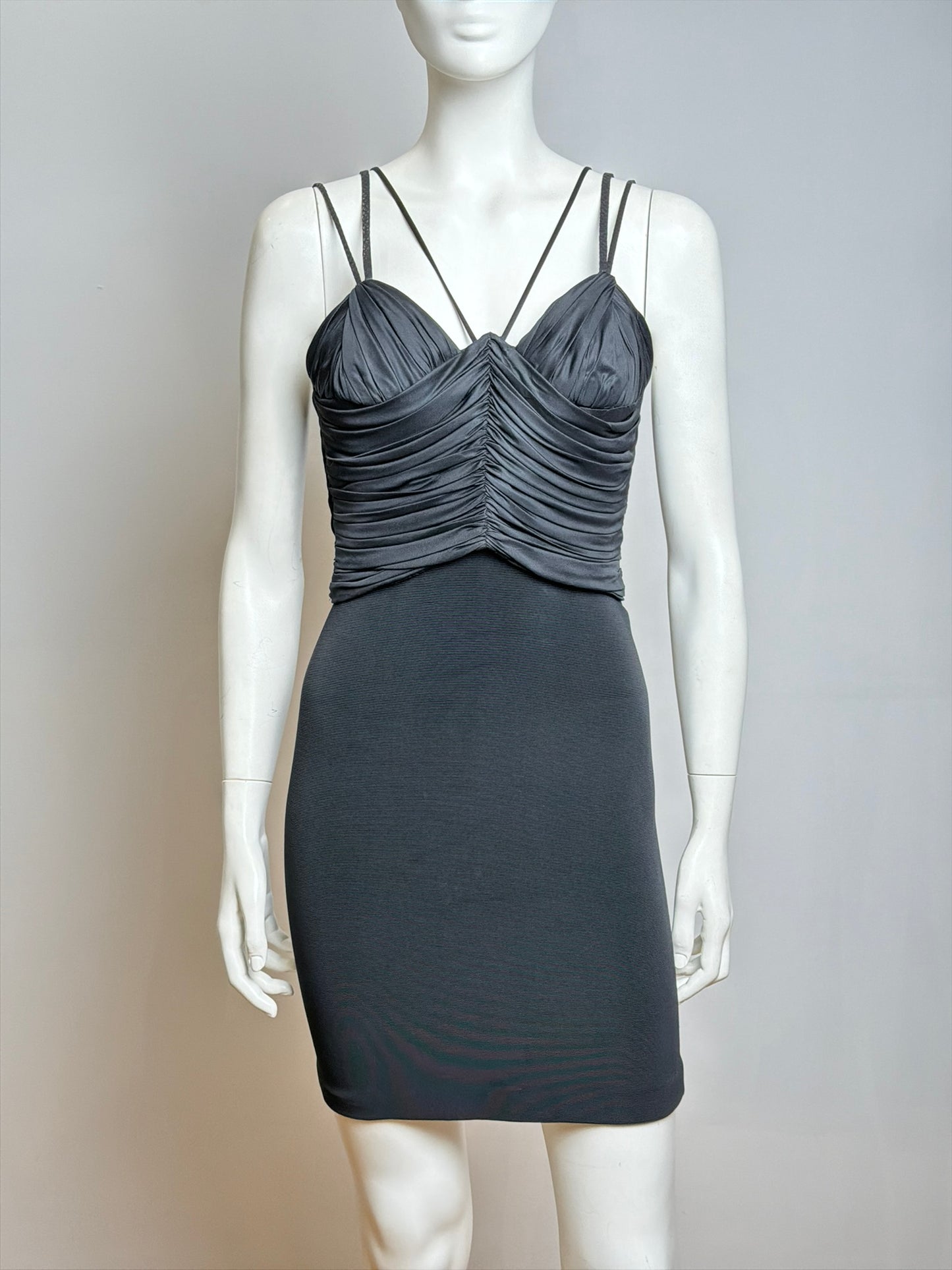 Gianni Versace S/S 1995 Iconic Black Ruched Bodyon Stretch Strap Mini Dress