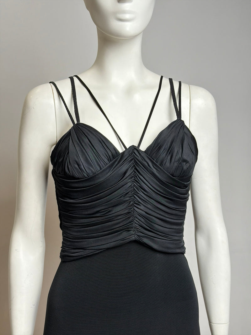 Black ruched mini dress by Gianni Versace, side profile showing gathered bodice