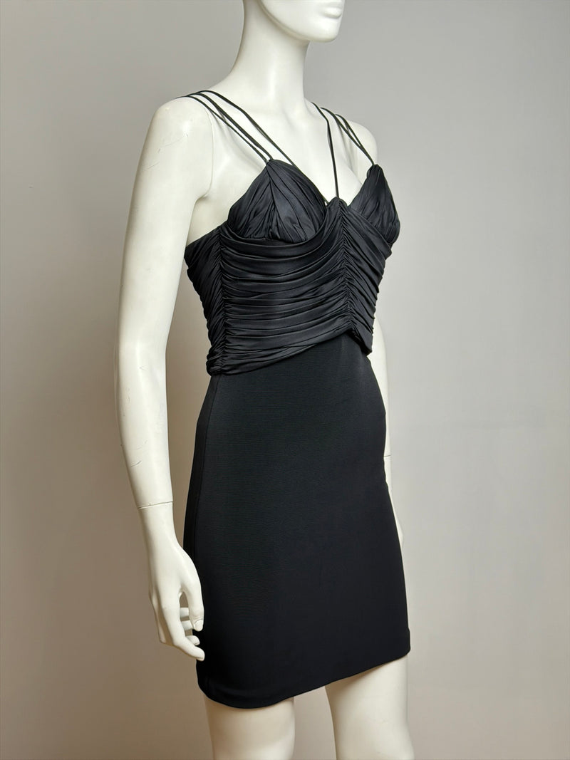 Black ruched mini dress by Gianni Versace, back view with stretch straps