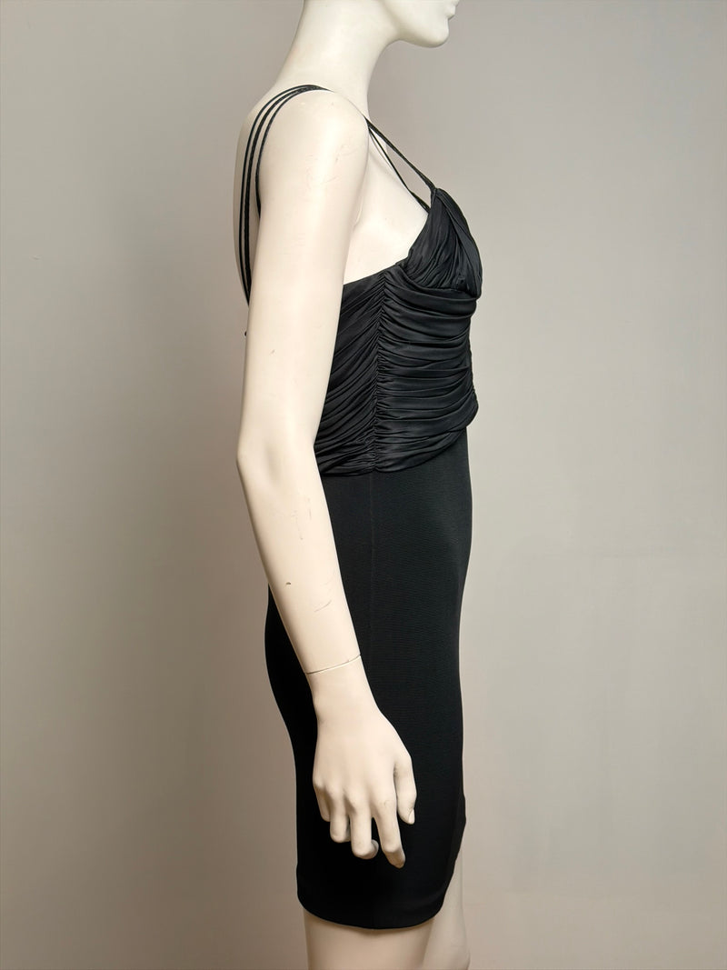Stretch strap detail on black ruched Gianni Versace S/S 1995 mini dress