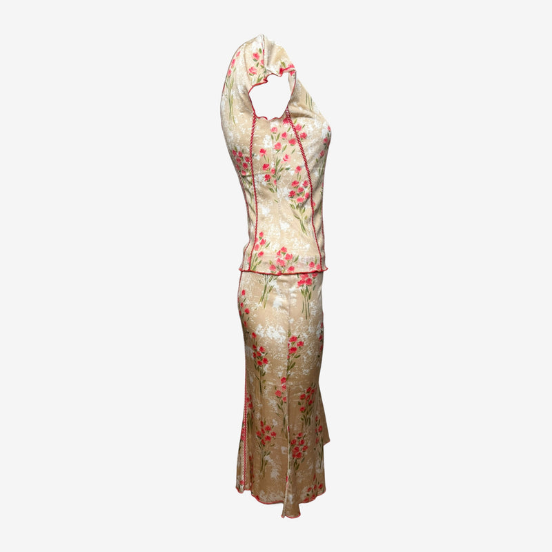 A-line midi skirt by Blumarine with hemline ruffle and pink carnation floral motif