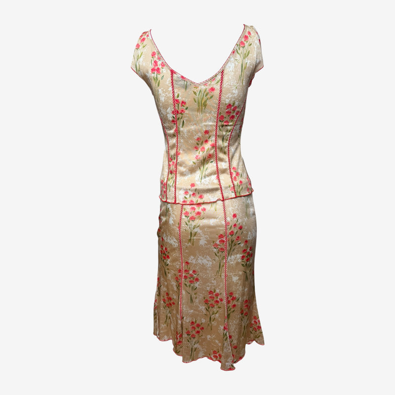 Blumarine ensemble front view, champagne silk with scattered green foliage and pink flowers