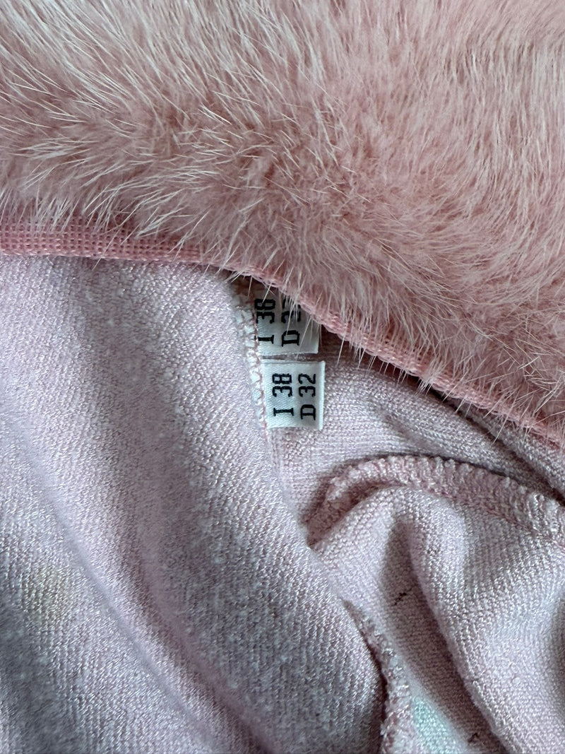 Pink fur-trim cardigan by Blumarine, detail of collar and button fastening