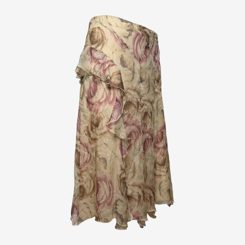 Pink rose print silk chiffon wrap skirt by Blumarine, detail of ruffled panels