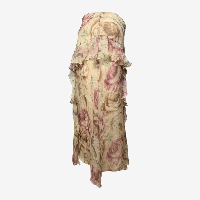 Pink rose print silk chiffon wrap skirt by Blumarine, back view of layered design