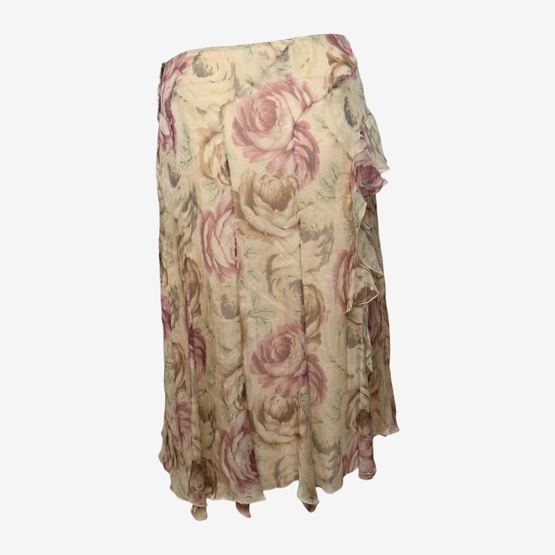 Pink rose print silk chiffon wrap skirt by Blumarine, close-up of rose print