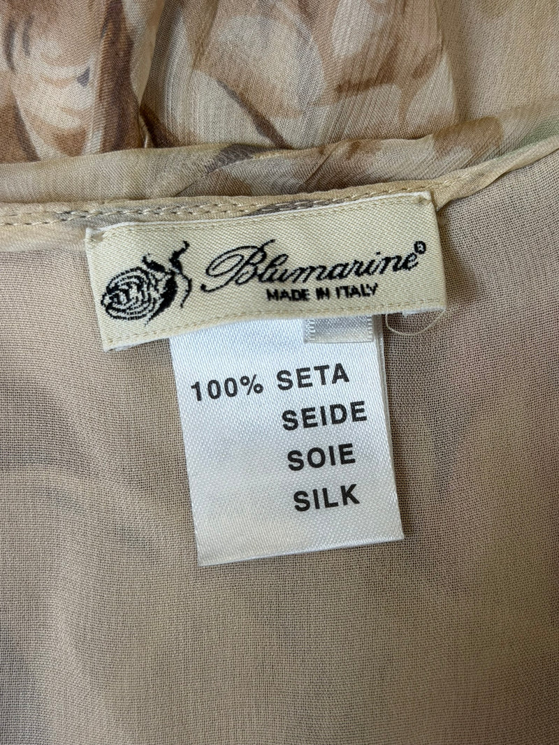 Pink rose print silk chiffon wrap skirt by Blumarine, full length lay flat view