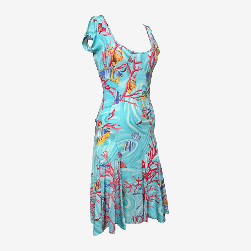 Blumarine underwater print dress with asymmetrical hemline and flared skirt panels