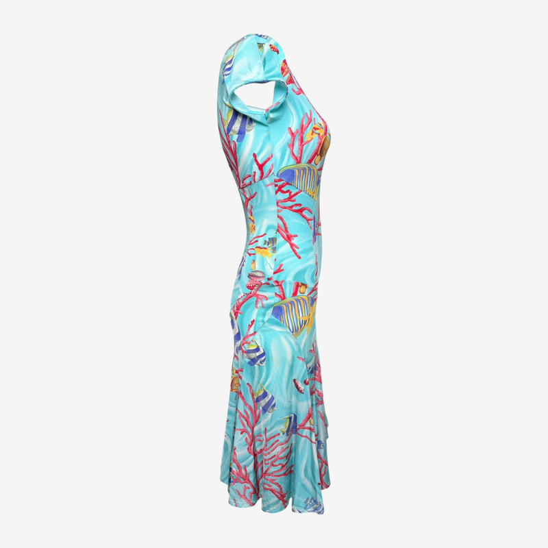 Coral pink and turquoise tropical fish print jersey dress by Blumarine, cap sleeve detail