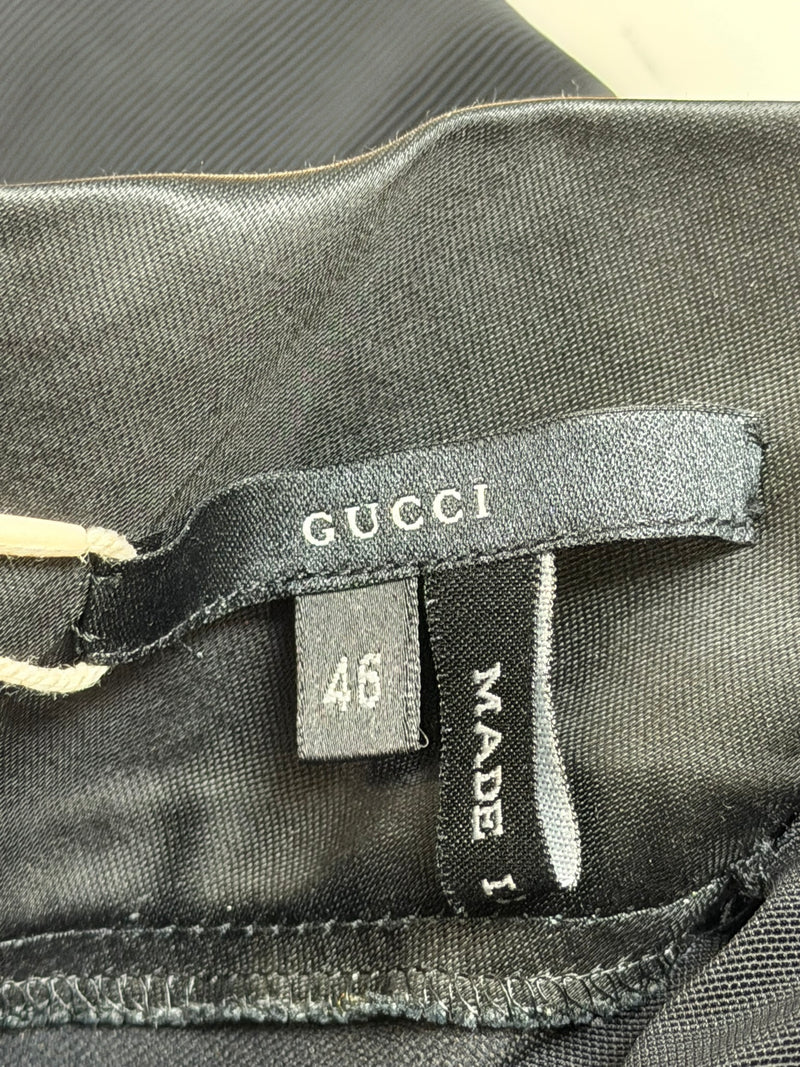Black satin strapless dress by Gucci Tom Ford, interior label and construction