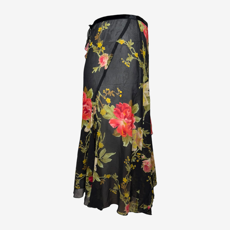 Black silk chiffon skirt detail of pink roses and yellow wildflower print