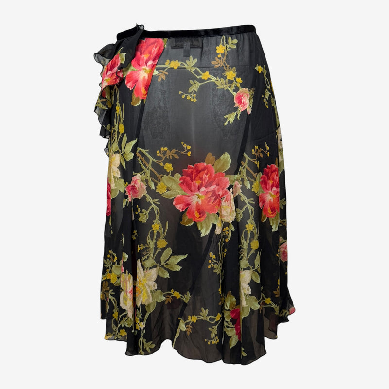 Blumarine F/W 1999 wrap skirt back view with side tie closure and ruffle details