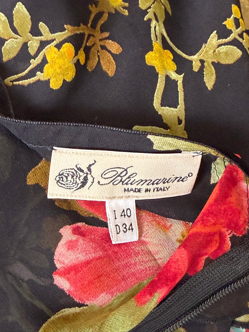 Floral print silk wrap skirt by Blumarine, IT40, full length view on form