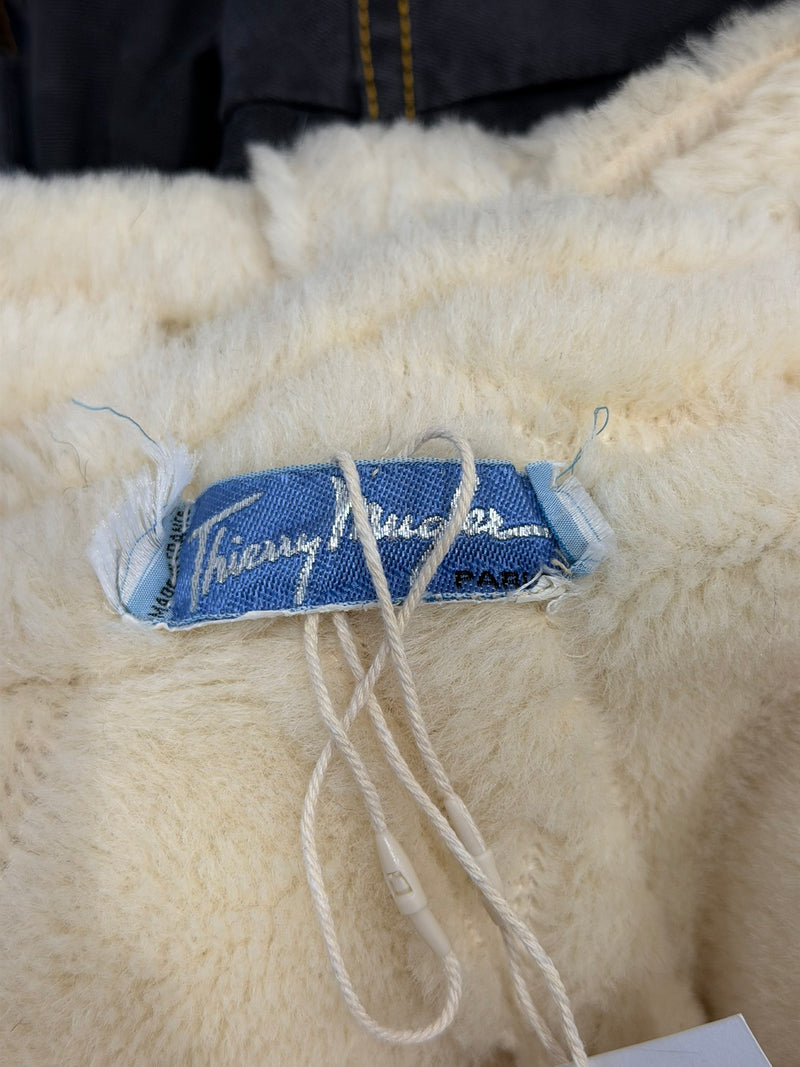 White shearling fleece bathrobe coat by Thierry Mugler, detail of faux fur interior and garment construction