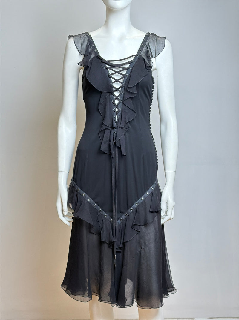 Black silk bondage lace mini dress by Christian Dior, John Galliano S/S 2003, front view