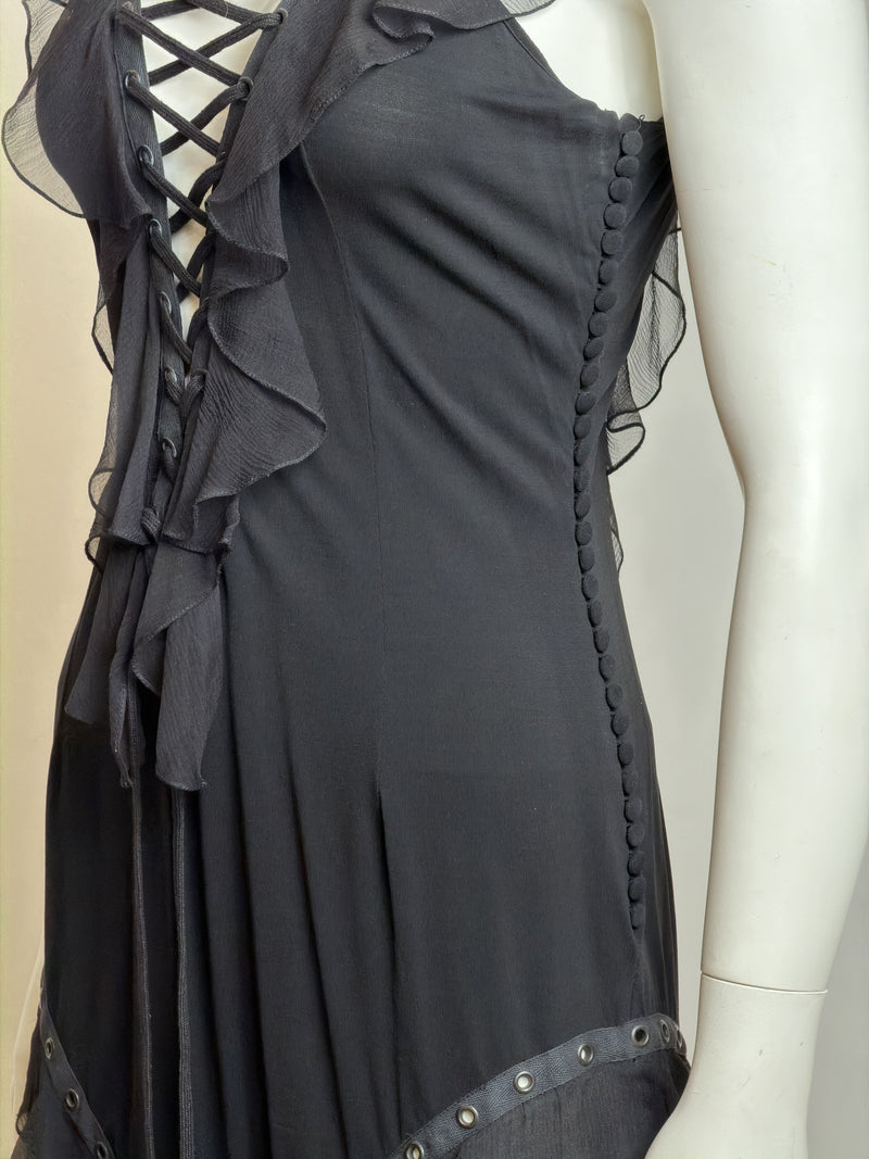 Black silk bondage lace mini dress by Christian Dior, John Galliano S/S 2003, seaming detail