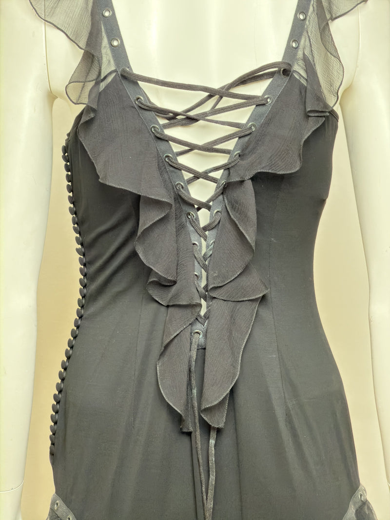 Black silk bondage lace mini dress by Christian Dior, John Galliano S/S 2003, full length view