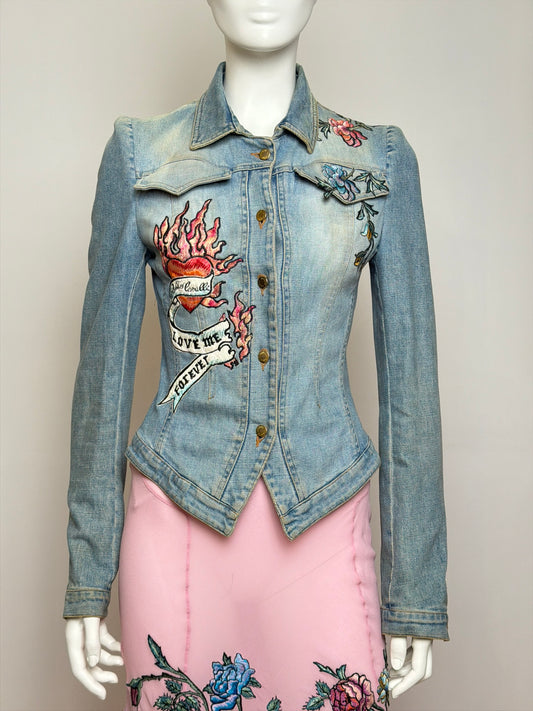 Roberto Cavalli S/S 2003 Tattoo Denim Jacket and Sheer Maxi Skirt Ensemble