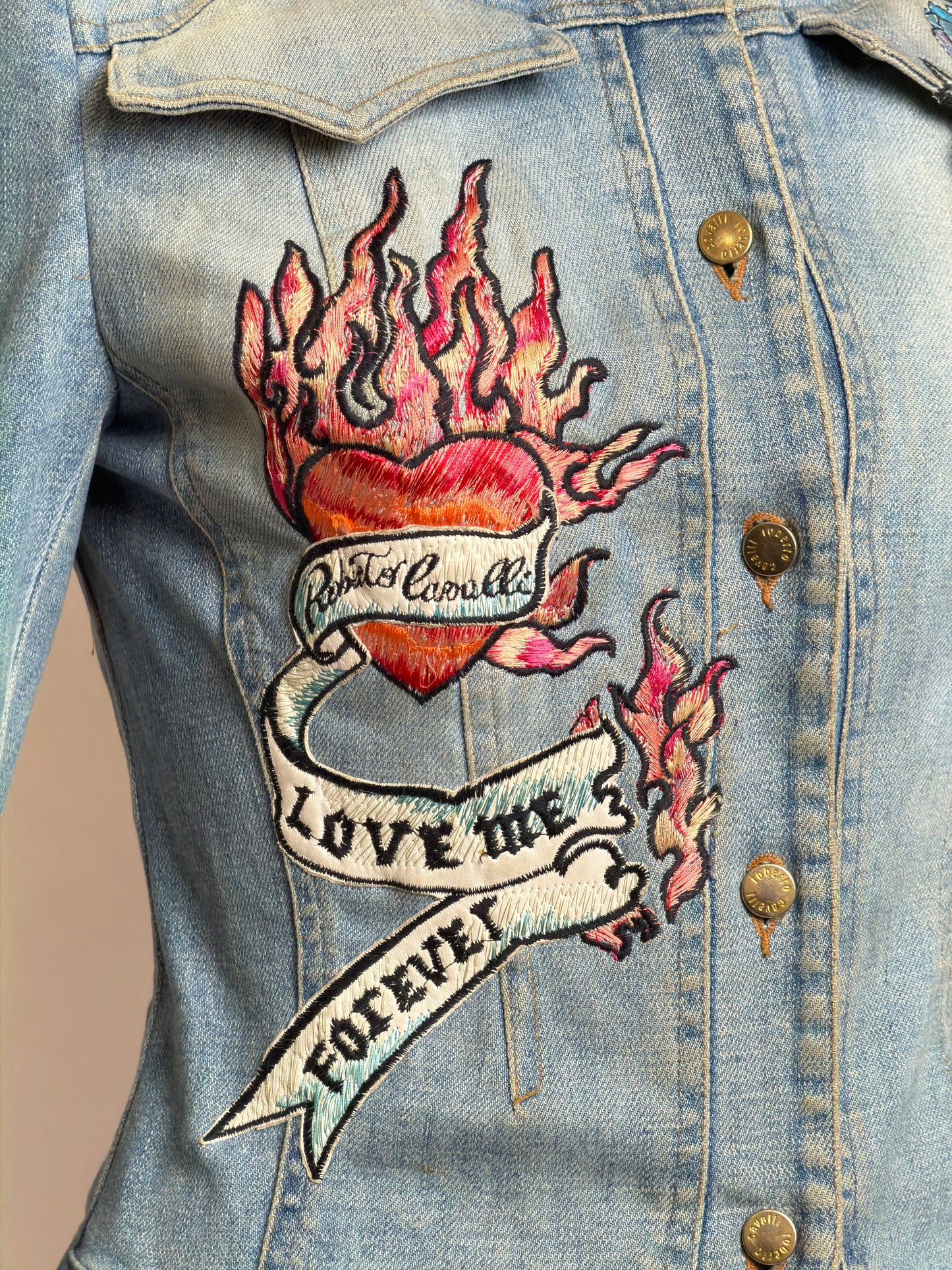 Roberto Cavalli S/S 2003 Tattoo Denim Jacket and Sheer Maxi Skirt Ensemble