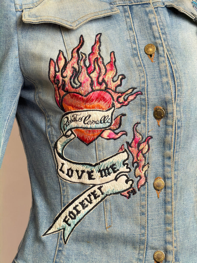 Blue denim jacket by Roberto Cavalli, fitted silhouette with embroidered motifs