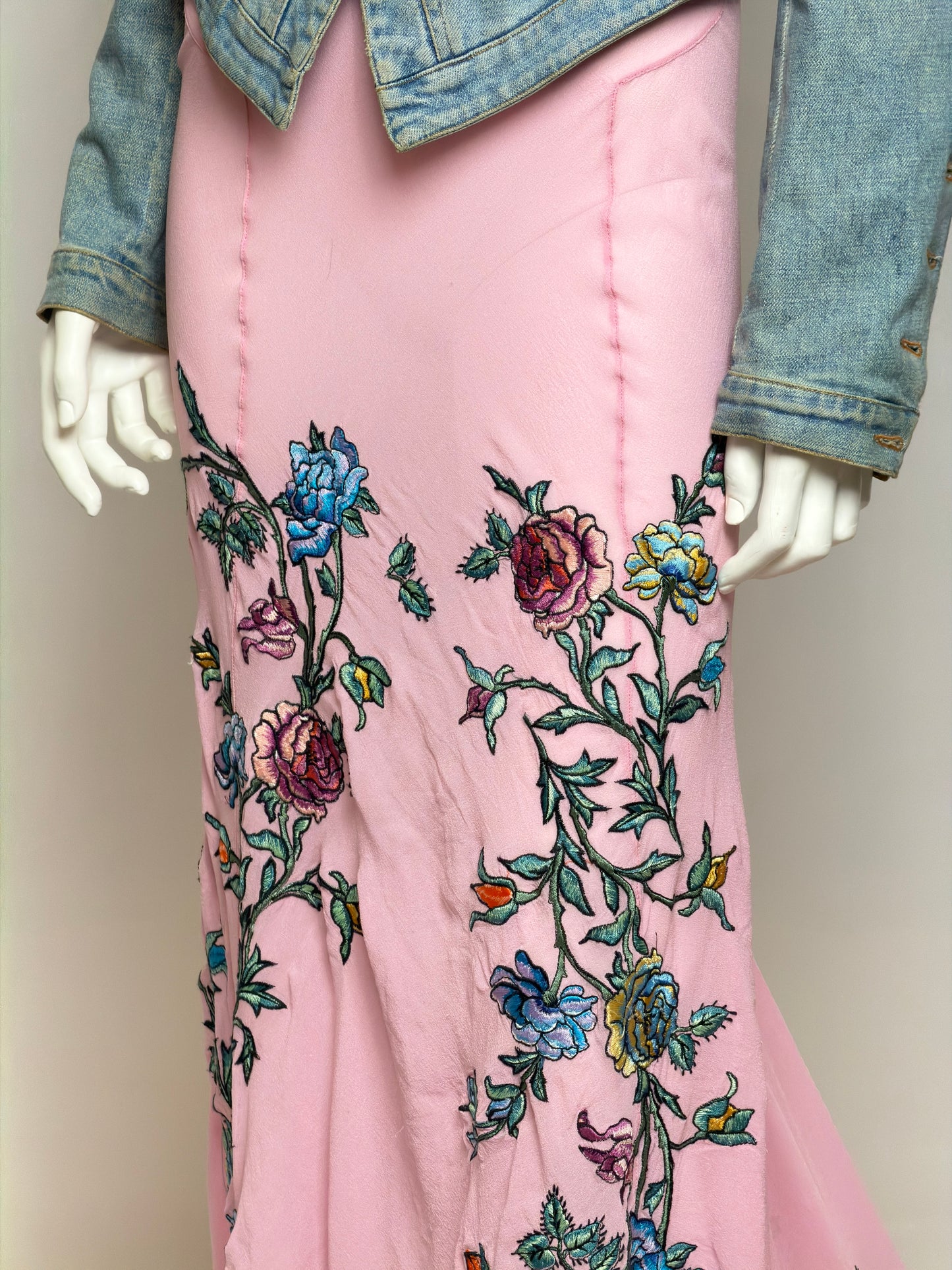 Roberto Cavalli S/S 2003 Tattoo Denim Jacket and Sheer Maxi Skirt Ensemble