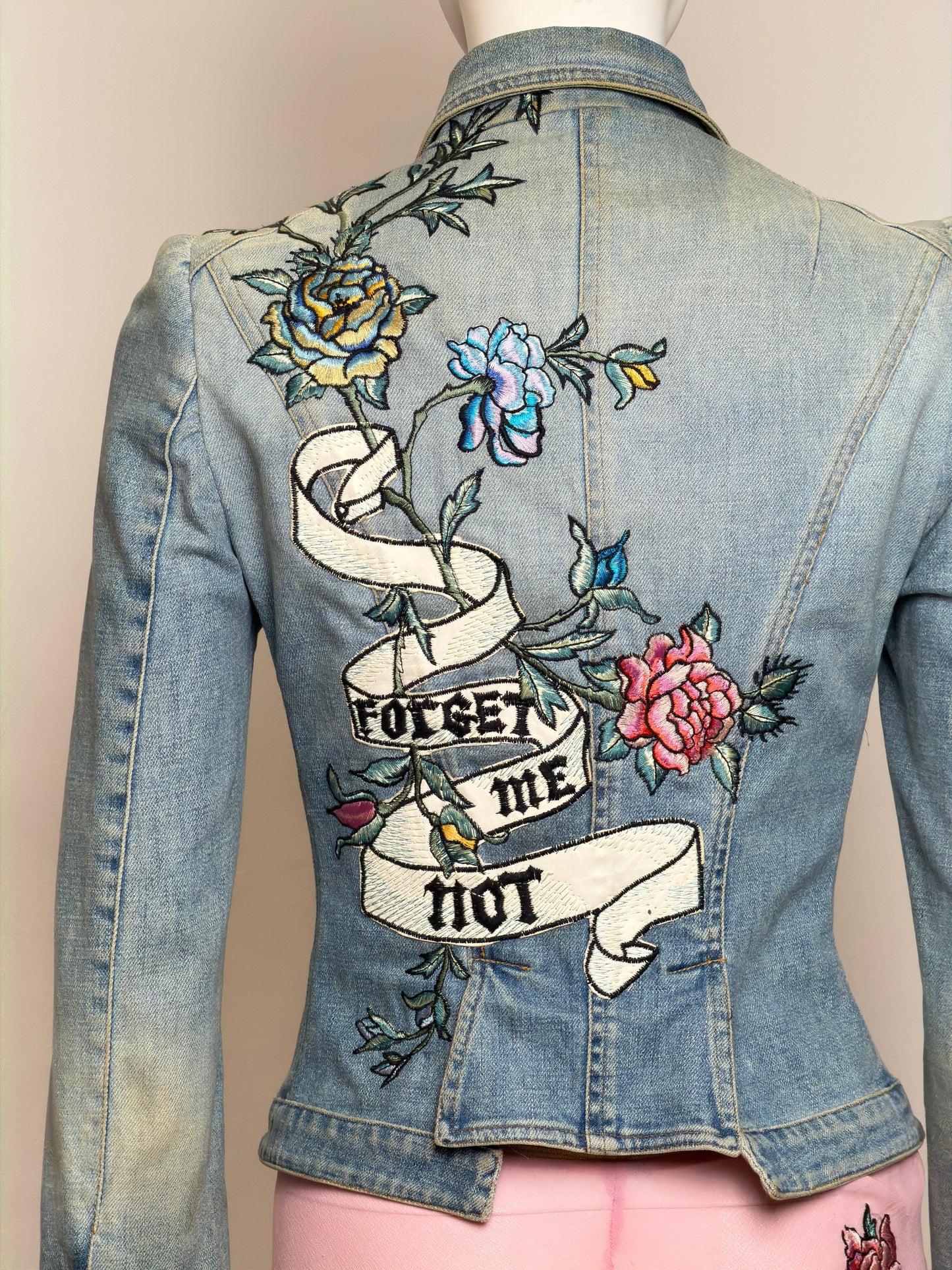 Roberto Cavalli S/S 2003 Tattoo Denim Jacket and Sheer Maxi Skirt Ensemble