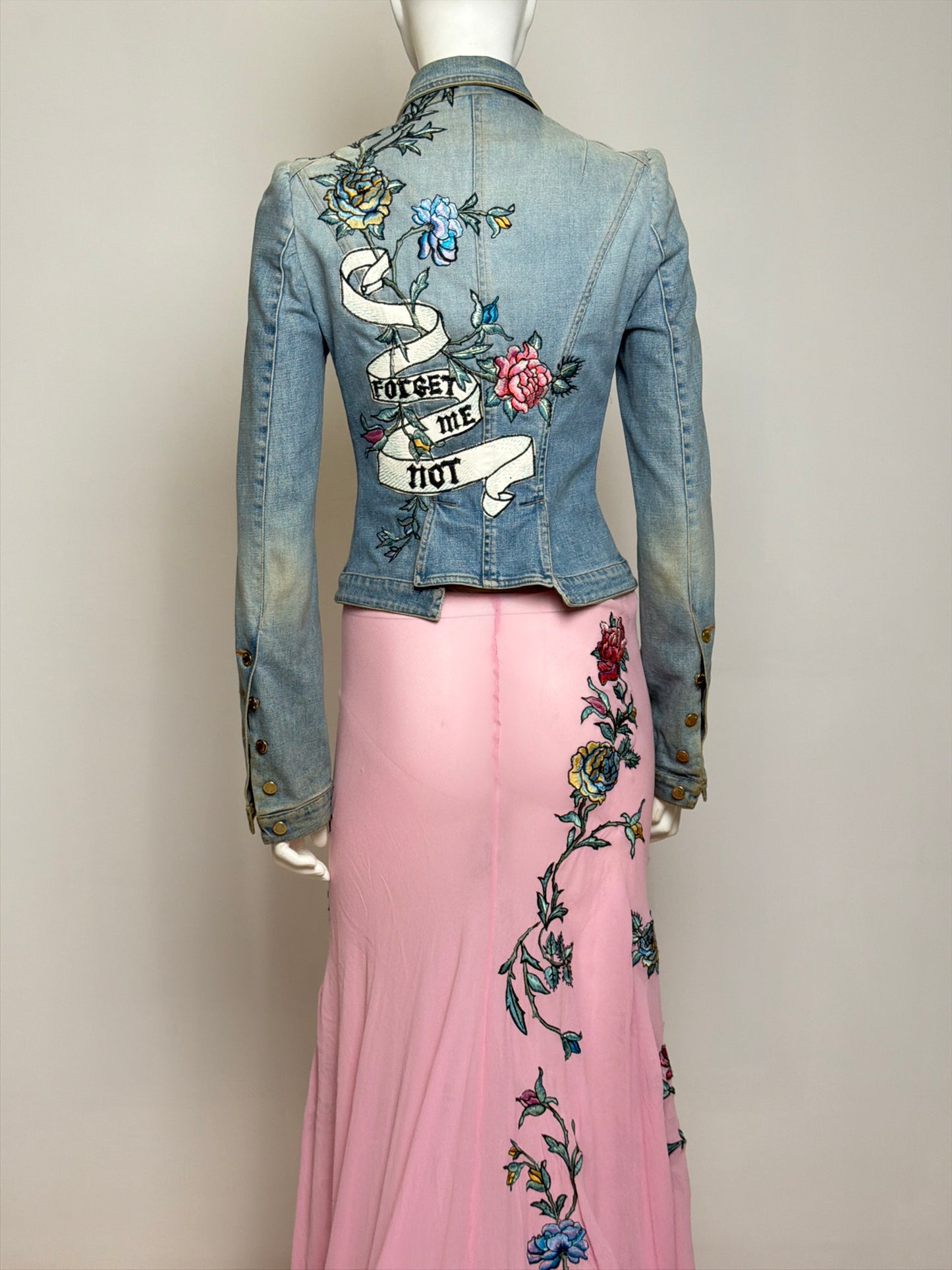 Roberto Cavalli S/S 2003 Tattoo Denim Jacket and Sheer Maxi Skirt Ensemble