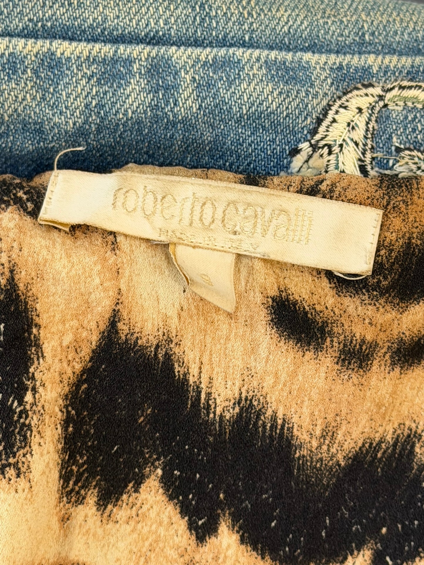 Roberto Cavalli S/S 2003 Tattoo Denim Jacket and Sheer Maxi Skirt Ensemble