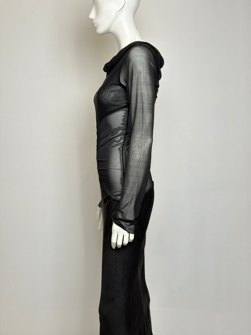 Rick Owens S/S 2006 black silk mermaid gown, fitted bodice with long sheer sleeve detail
