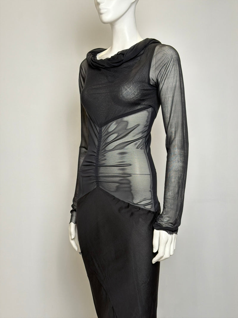 Rick Owens black silk gown, rear view showing draped fabric and extended train