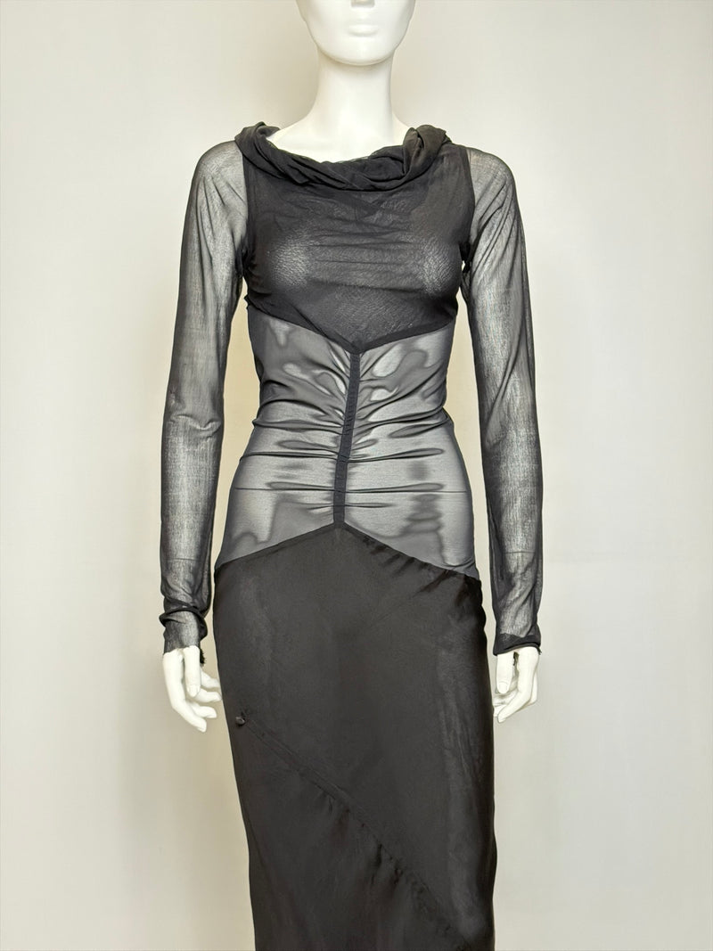 Black silk mermaid gown by Rick Owens, fitted bodice detail with long sheer sleeve construction