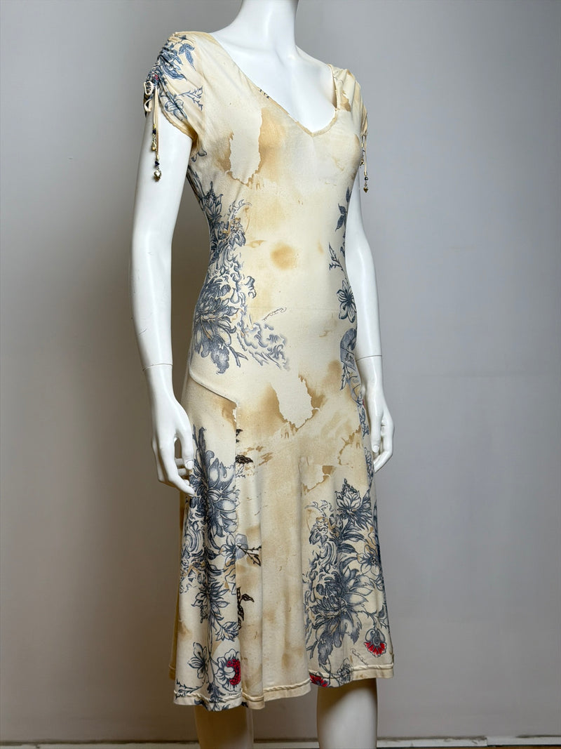 Front view of Roberto Cavalli silk dress with animal tattoo print